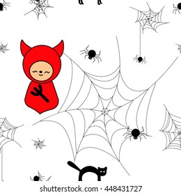 Funny halloween background with animals and devil. Print for children. Seamless pattern for kids