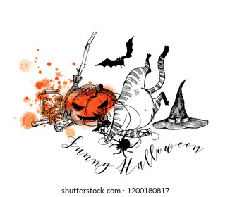 Funny Halloween background. Watercolor vector sketch