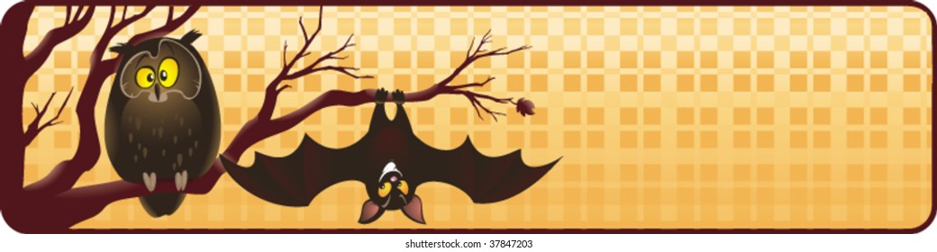 Funny Halloween banner with owl and  bat