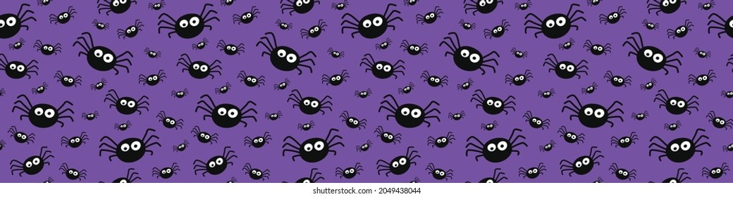 Funny Halloween banner with spiders. Seamless pattern. Vector