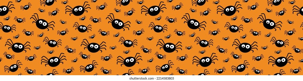 Funny Halloween banner with spiders. Seamless pattern. Vector
