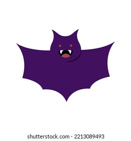 Funny Halloween Bat Isolated On White Background. Cute Bat In Cartoon Style For Halloween Party. Flat Style Icon For All Saints Day. Vector Illustration