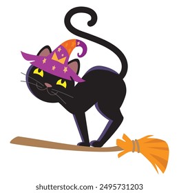 Funny Halloween black cat on broom 
vector cartoon illustration