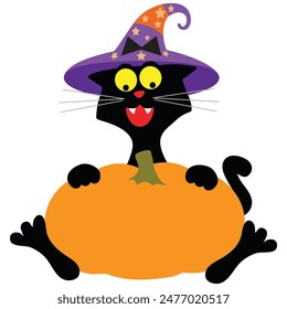 Funny Halloween black cat with pumpkin vector cartoon illustration