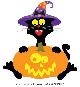 Funny Halloween black cat with pumpkin vector cartoon illustration