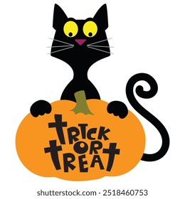 Funny Halloween black cat with pumpkin vector cartoon illustration