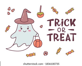 Funny Halloween card with cute ghost and hand lettering caption Trick or treat. Cute cartoon banner with hand drawn elements. Kawaii style. Vector illustration.