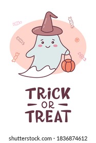 Funny Halloween card with cute ghost in witch's hat and hand lettering caption Trick or treat. Cute cartoon banner with hand drawn elements. Kawaii style. Vector illustration.