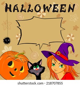 Funny Halloween card with pumpkin, little witch and black cat. In the frame, you can place your own text