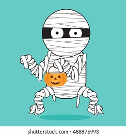 Funny halloween cartoon character with set of Mummy zombie. Vector illustration.