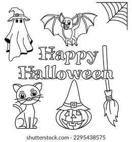 Funny halloween cartoon characters vector illustration. For kids coloring book.