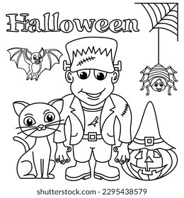 Funny halloween cartoon characters vector illustration. For kids coloring book.