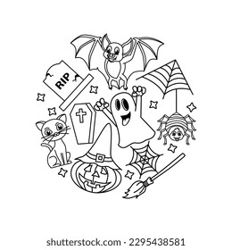 Funny halloween cartoon characters vector illustration. For kids coloring book.