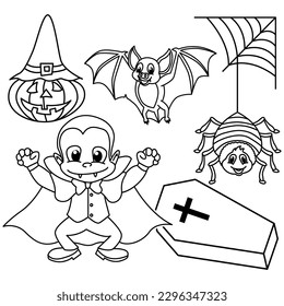 Graciosa ilustración vectorial de personajes de dibujos animados de Halloween. Para los niños coloreando el libro.