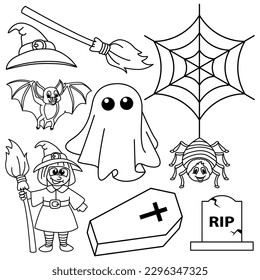 Graciosa ilustración vectorial de personajes de dibujos animados de Halloween. Para los niños coloreando el libro.