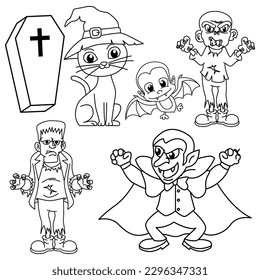 Funny halloween cartoon characters vector illustration. For kids coloring book.