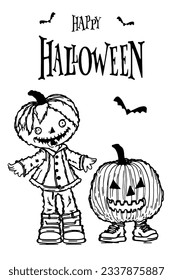 Funny halloween cartoon characters vector illustration. For kids and adults coloring book.