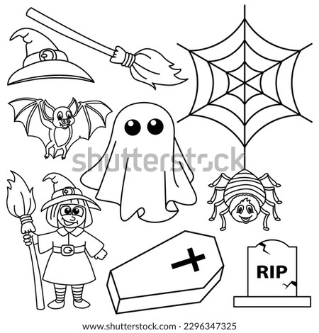 Funny halloween cartoon characters vector illustration. For kids coloring book.