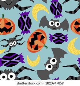 Funny halloween cartoon colorful vector seamless pattern. Happy halloween endless texture with bats, spiders, candies, moons and pumpkins. 