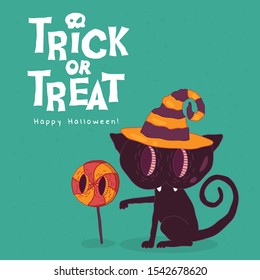Funny a Halloween cat in a hat with a candy on a stick. Use for card, poster, banner, web design and print on t-shirt. Easy to edit. Vector illustration.
