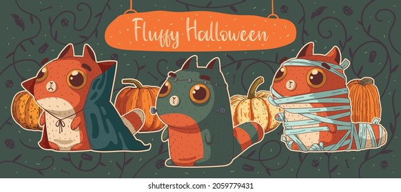 Divertido conjunto de vectores de gatos de Halloween. Pequeños gatos de jengibre con disfraces de Halloween de momia, vampiros y monstruo Frankenstein entre calabazas contra el fondo de Halloween. Paquete de pegatinas digno.