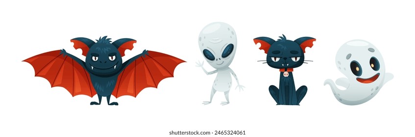 Personaje divertido de Halloween con el Vector del murciélago, el extraterrestre, el gato y el fantasma