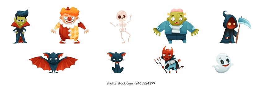 Divertido personaje de Halloween con payaso, drácula, esqueleto, muerte, murciélago, gato, diablo y fantasma conjunto de Vector