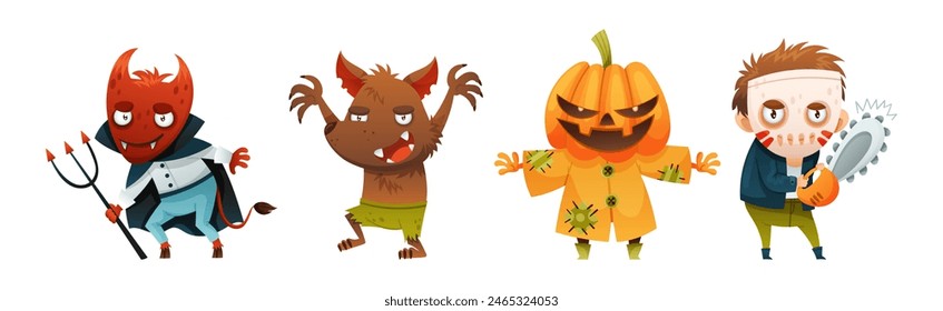 Funny Halloween Character with Devil, Werewolf, Jack Lantern and Man with Saw Vector Set