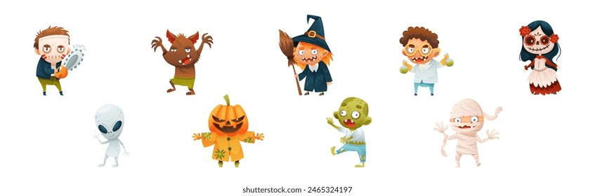 Divertido personaje de Halloween con hombre lobo, bruja, científico, muerte, extraterrestre, linterna de Jack, zombi y momia conjunto de Vector