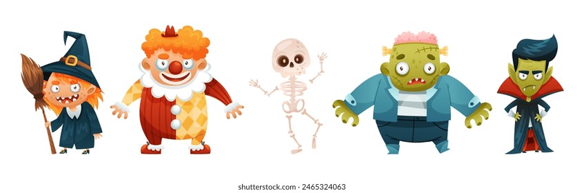 Personaje divertido de Halloween con bruja, payaso, esqueleto y conjunto de Vector Drácula