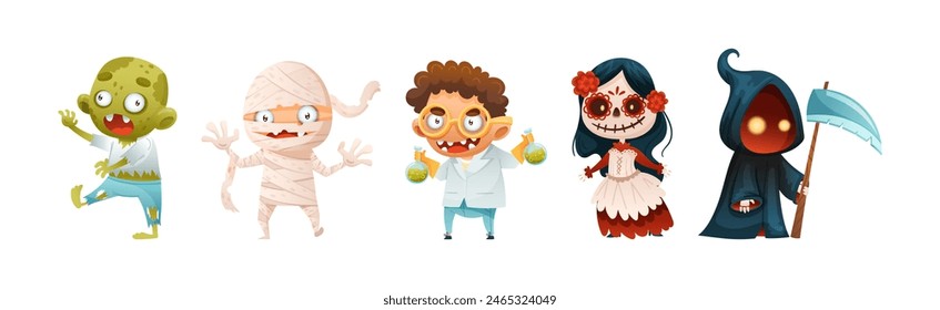 Funny Halloween Character with Zombie, Mummy, Crazy Scientist and Death Vector Set