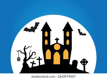 Funny Halloween Church Silhouette in Moonlight with Bats and Graveyard. Autumn holiday cultural and religious event concept vector art