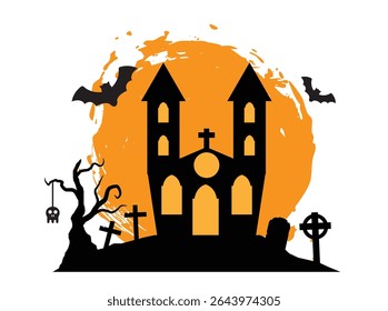 Funny Halloween Church Silhouette in Sunset with Bats and Graveyard. Autumn holiday cultural and religious event concept vector art