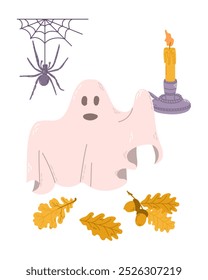 Funny Halloween clipart with hand drawn ghost. Cute ghost with candle holder and autumn leaves. Cute print design for Halloween isolated on white background