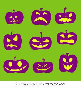 Funny halloween collection pumpkin lantern set isolated on colorful background. Funny face expressions. Vector illustration.