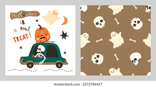 Funny Halloween collection with skeleton driving a car,ghost and skull.Cute poster with hand written text.Seamless pattern on beige background.Colorfulr print on fabric and paper.Vector illustration.