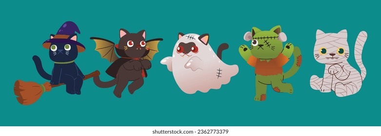  Funny Halloween Costumes for Cats, Spooky Night, Vector, Illustration