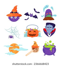 Funny Halloween costumes and decor vector illustrations set. Magic cat in hat, vampire, bats, graveyard, spider, moon, carved pumpkin basket, cupcake, potion cauldron. Halloween, holiday concept