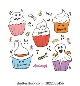 Funny Halloween cupcakes sweets set vector illustration
