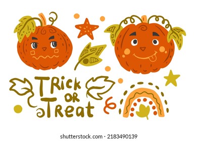 Funny Halloween decoration elements set. Cute hand drawn festival collection with pumpkin characters, stars, lettering, leaf, spots in adorable cartoon childish style