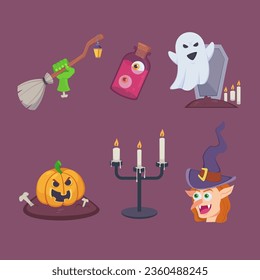 Funny Halloween decorations vector illustrations set. Hand with broom, eyes in bottle, scary ghost, carved pumpkin, candles and witch on purple background. Halloween, holiday concept