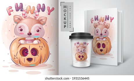 Funny halloween deer poster and merchandising. Vector eps 10