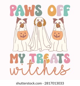 Funny halloween dogs dressed as ghosts holding pumpkin buckets with halloween celebration trickortreat typography illustration seasonal creative costumed lettering