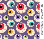Funny Halloween eyeball pattern with multicolor eyes. Vector illustration.