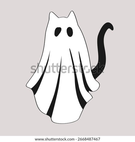 Funny Halloween ghost cat character. Black kitten in white sheet isolated vector illustration.