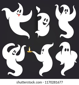 Funny Halloween ghost set in different poses. White flying spooky ghost silhouette isolated on dark background. Traditional festive element for your design. Vector illustration.