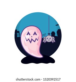 funny halloween ghost with spider on halloween scene
