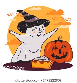 Divertido fantasma de Halloween probando un pastel de calabaza, ilustración aislada de Vector. Diseño de Halloween con fantasma y monstruo de calabaza para estampados y carteles de fiesta, tarjetas de felicitación.