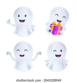 Funny Halloween ghost in various poses and facial emotions. Friendly phantom icons. 3D characters vector set of a cute white soul in a white textile cloth isolated on a light background