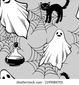 Funny Halloween Ghosts, Cats and spider web seamless pattern. Hand drawn sketch style. Art line. Ink drawing. Halloween vector background.